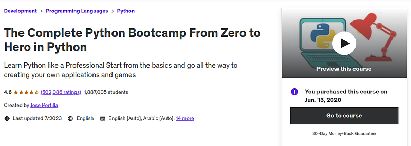 The Complete Python Bootcamp From Zero to Hero in Python - Udemy course by Jose Portilla