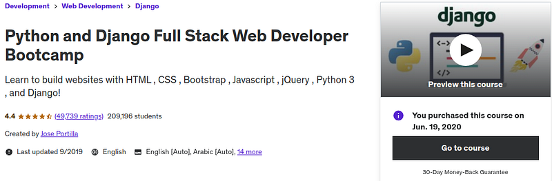 Python and Django Full Stack Web Developer Bootcamp - Udemy course by Jose Portilla
