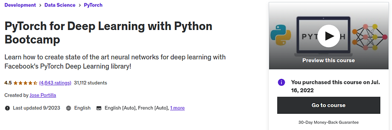 PyTorch for Deep Learning with Python Bootcamp - Udemy course by Jose Portilla