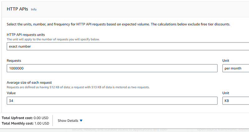 HTTP APIs cost estimator