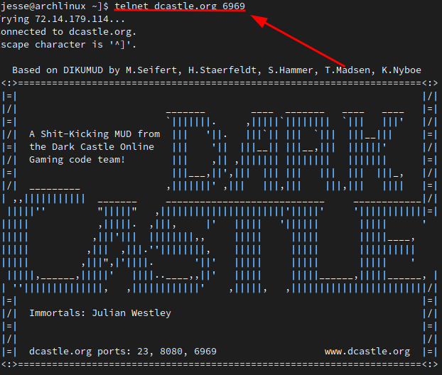 Dark Castle MUD telnet connection example