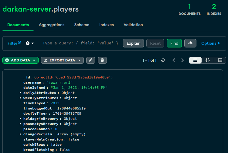 Example player save in MongoDB