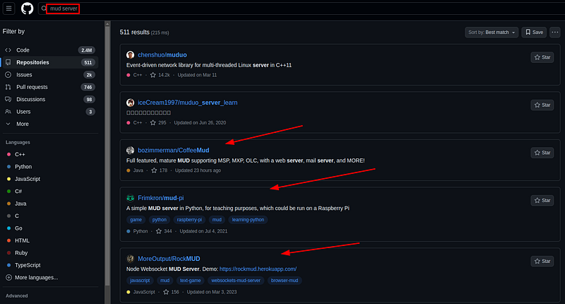 GitHub MUD server search results