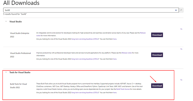 All Downloads search for build tools