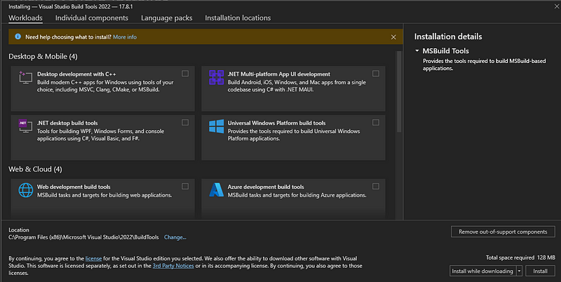 Visual Studio Build Tools installer workloads