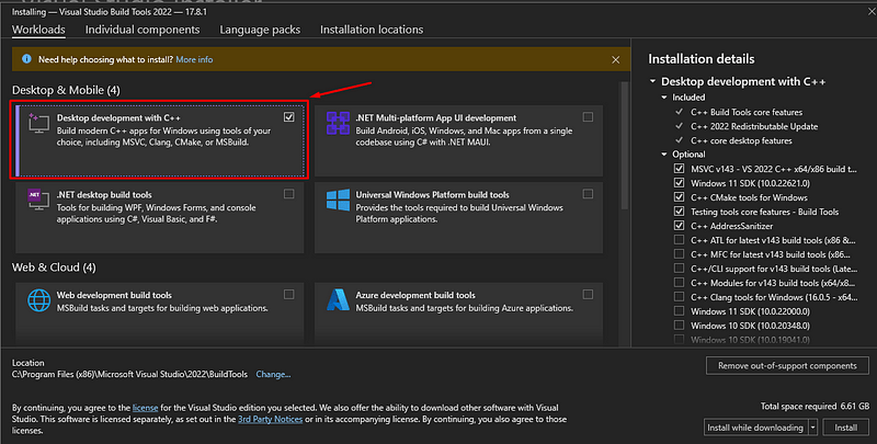 Desktop development with C++ selected