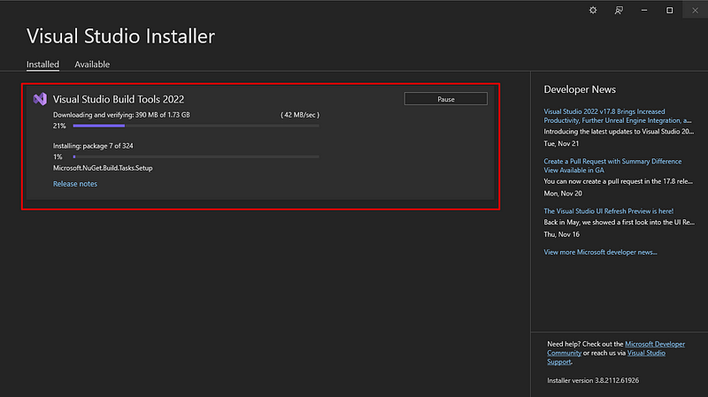 Visual Studio Installer downloading and installing