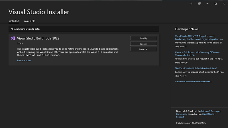 Visual Studio Build Tools 2022 installed