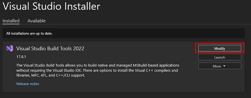 Modify button in Visual Studio Installer