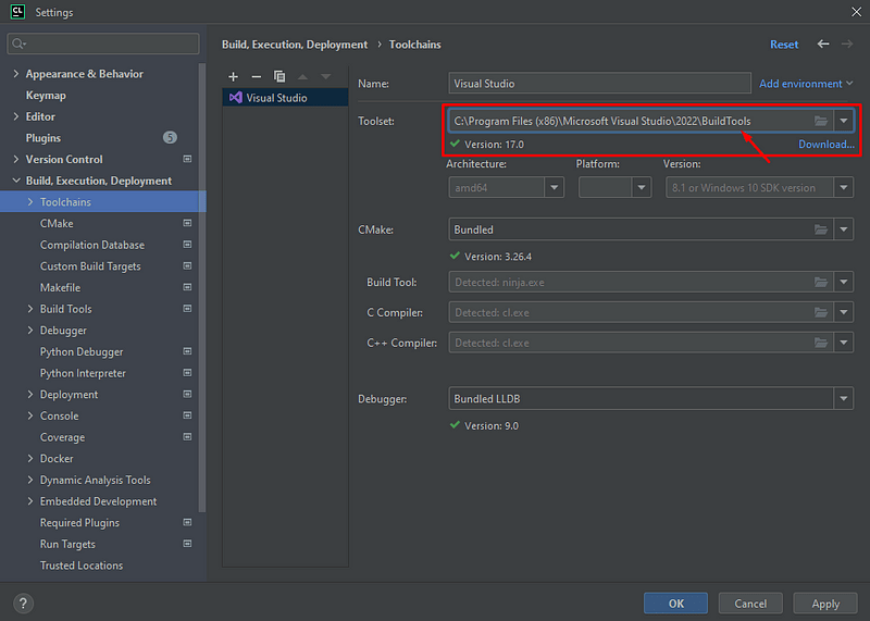 CLion toolchain settings with Visual Studio path configured