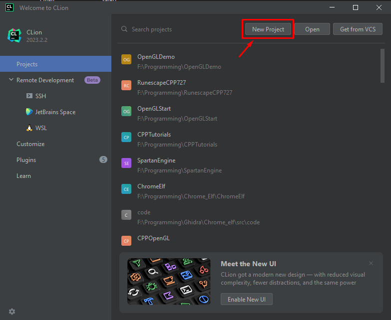 CLion Welcome screen with New Project button