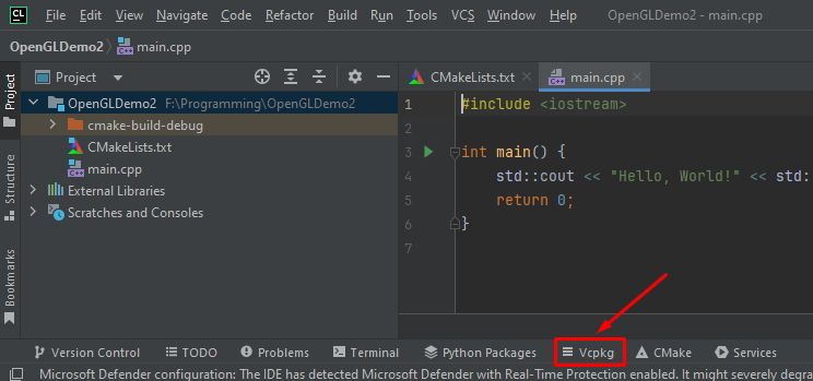 Vcpkg tab at bottom of CLion editor