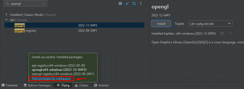 Add packages to vcpkg.json prompt