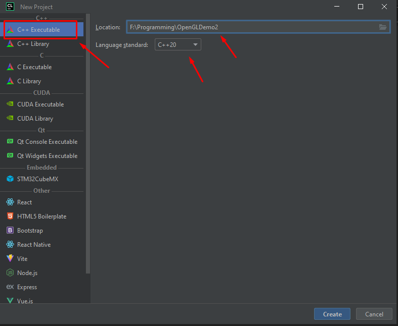 CLion New Project dialog showing C++ Executable option