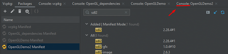 Console tab in Vcpkg panel