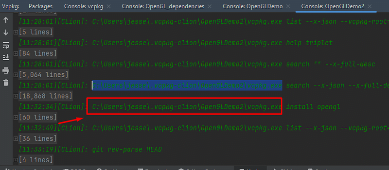 Vcpkg console showing exe path