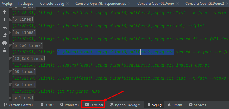 Terminal tab at bottom of CLion