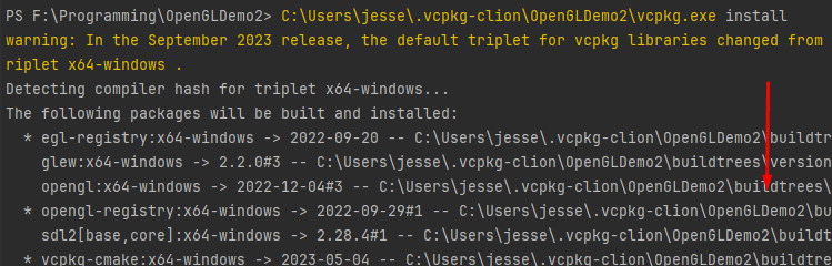 Terminal output showing vcpkg install progress