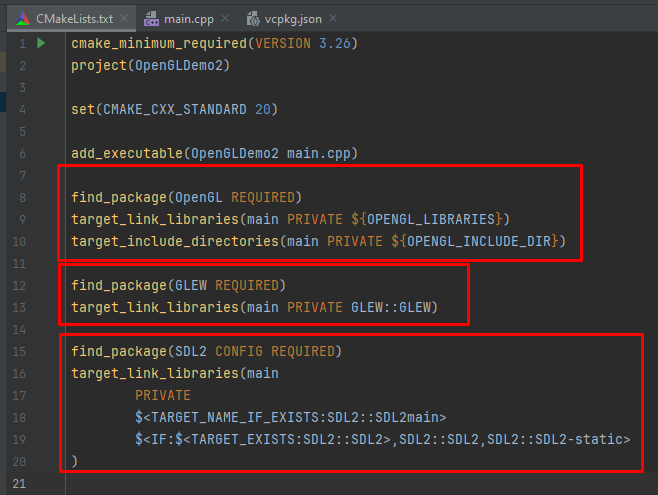 CMakeLists.txt with find_package and target_link_libraries