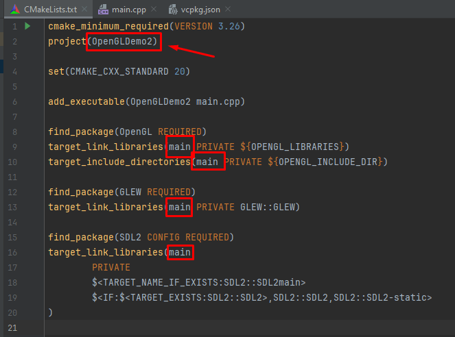 CMakeLists.txt with project name instead of main