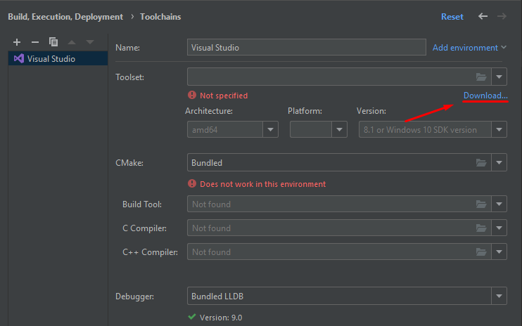 Visual Studio toolchain configuration with Download link