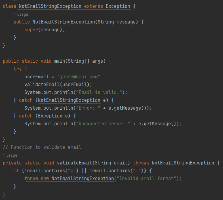Custom NotEmailStringException example in Java