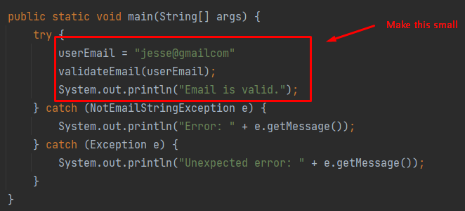 Keep try blocks small example