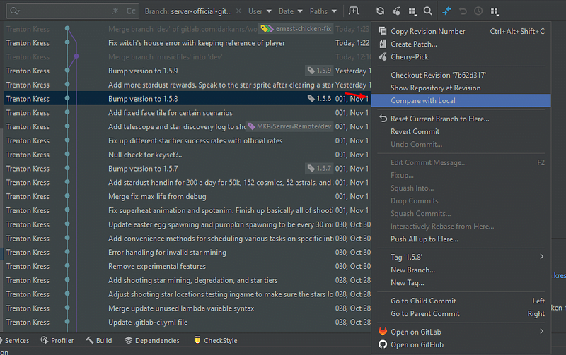 IntelliJ compare commits screenshot