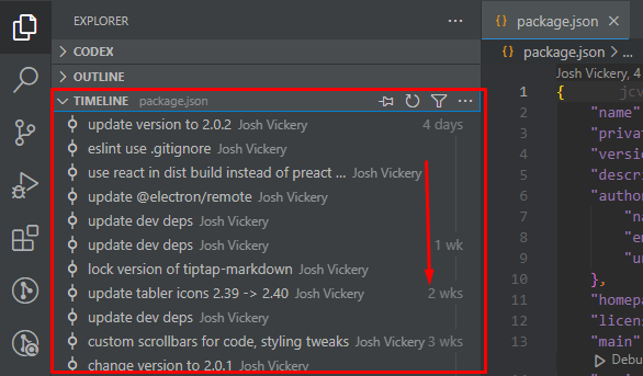 Timeline showing file commits