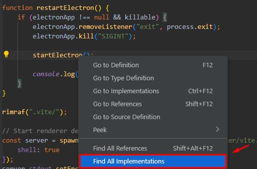 Find all implementations context menu