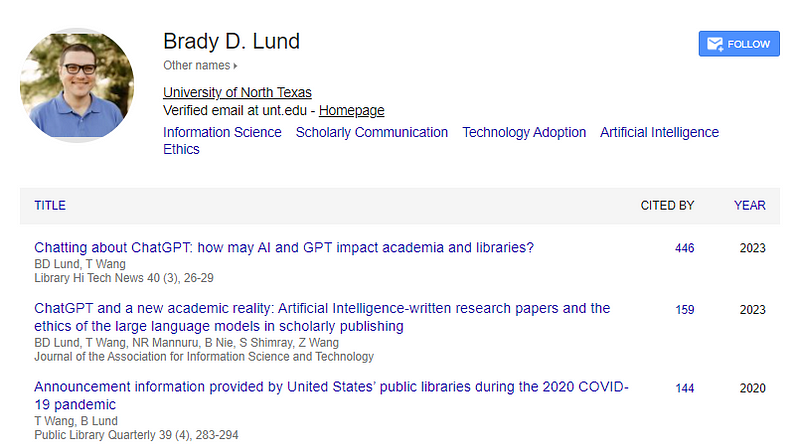 Google Scholar profile example