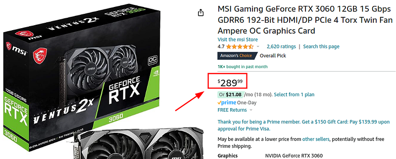 MSI RTX 3060 12GB on Amazon