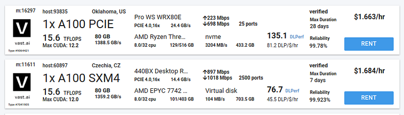 vast.ai GPU rental pricing