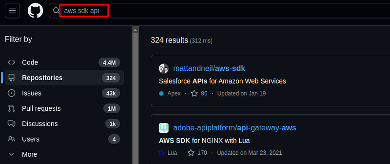 GitHub search for AWS SDK