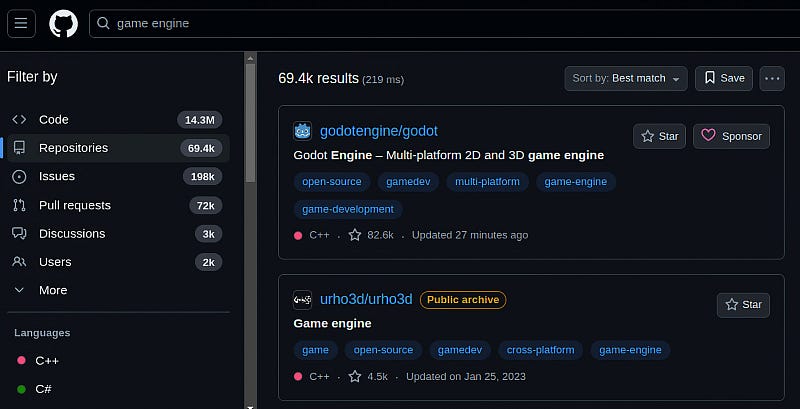 GitHub search for game engines
