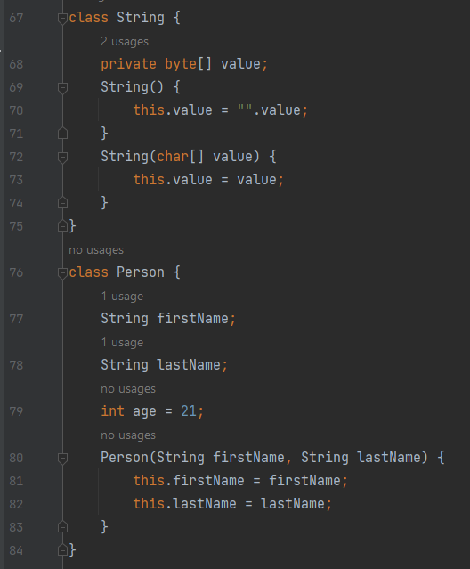 String and Person classes example