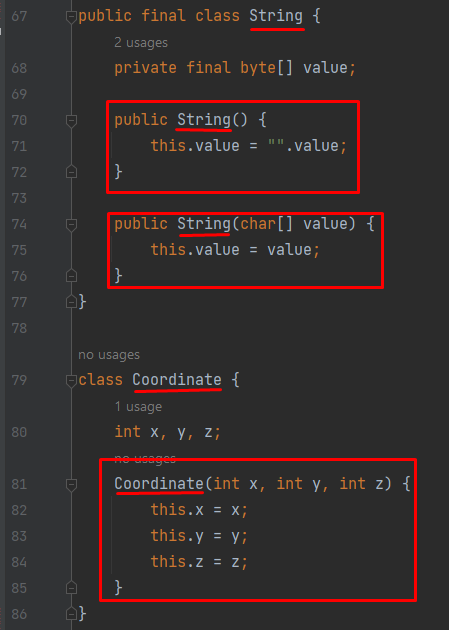Constructor code blocks highlighted
