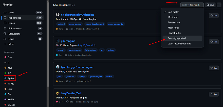 GitHub search for OpenGL projects