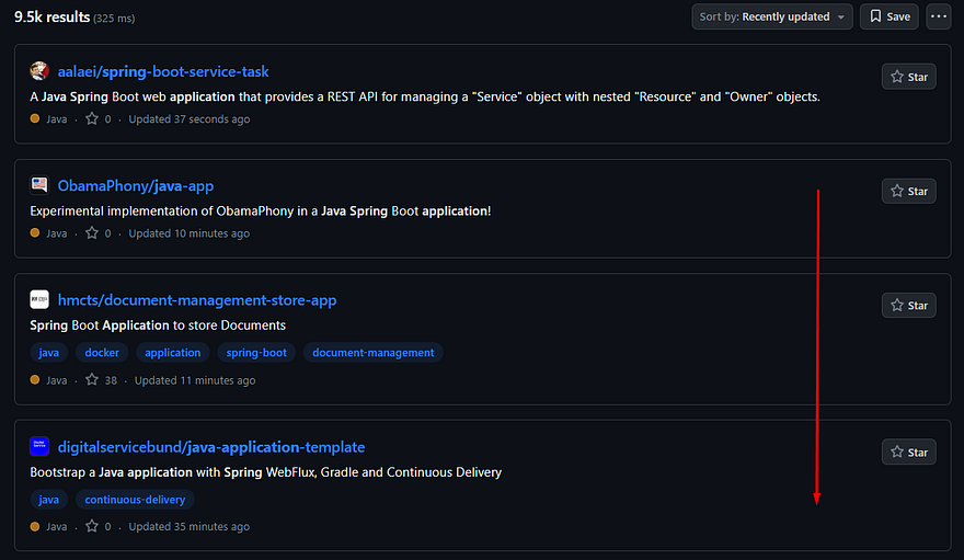GitHub search for Java Spring projects