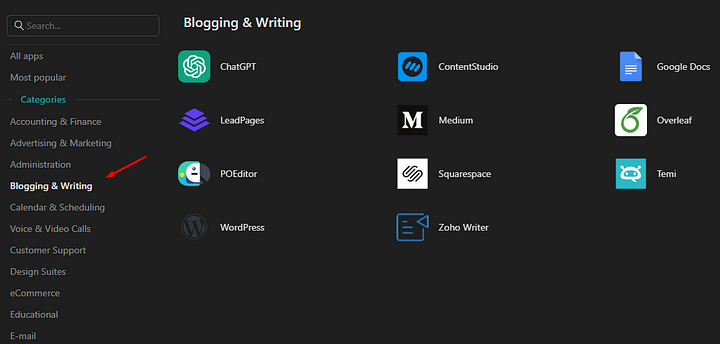 Screenshot of Rambox app categories