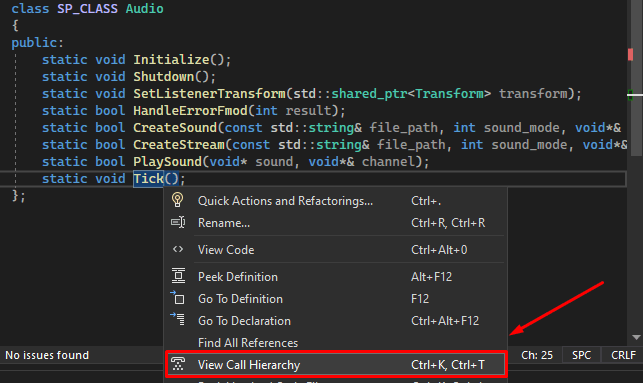 Right click menu showing View Call Hierarchy option
