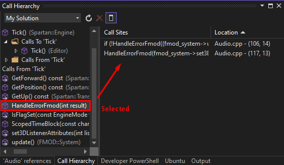 Call Sites panel showing where function is called