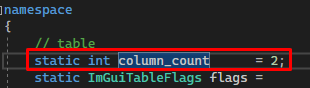 Variable definition showing column_count = 2