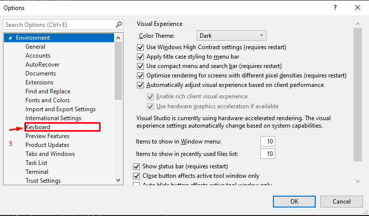 Options dialog with Keyboard selected