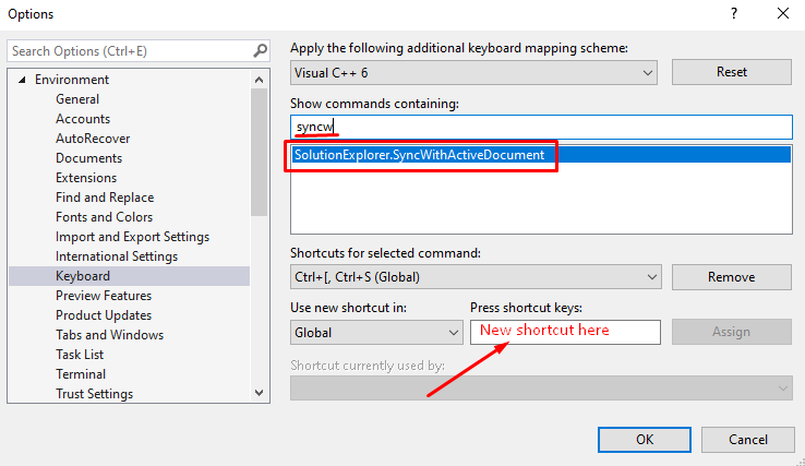 SyncWithActiveDocument command in keyboard options