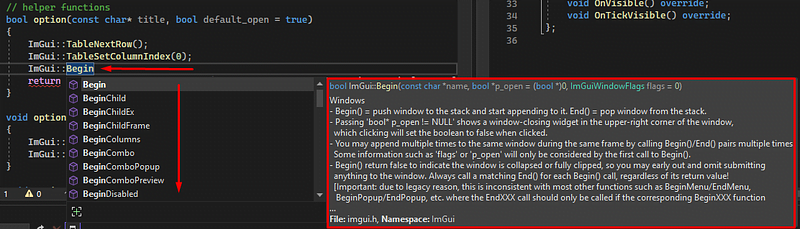 Intellisense showing function documentation