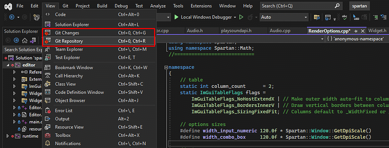 Git Changes and Git Repository windows