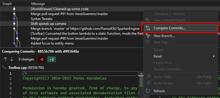 Compare Commits context menu