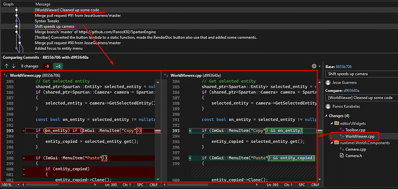 Comparing two commits diff view