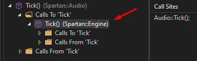 Call hierarchy showing Engine Tick calling Audio Tick